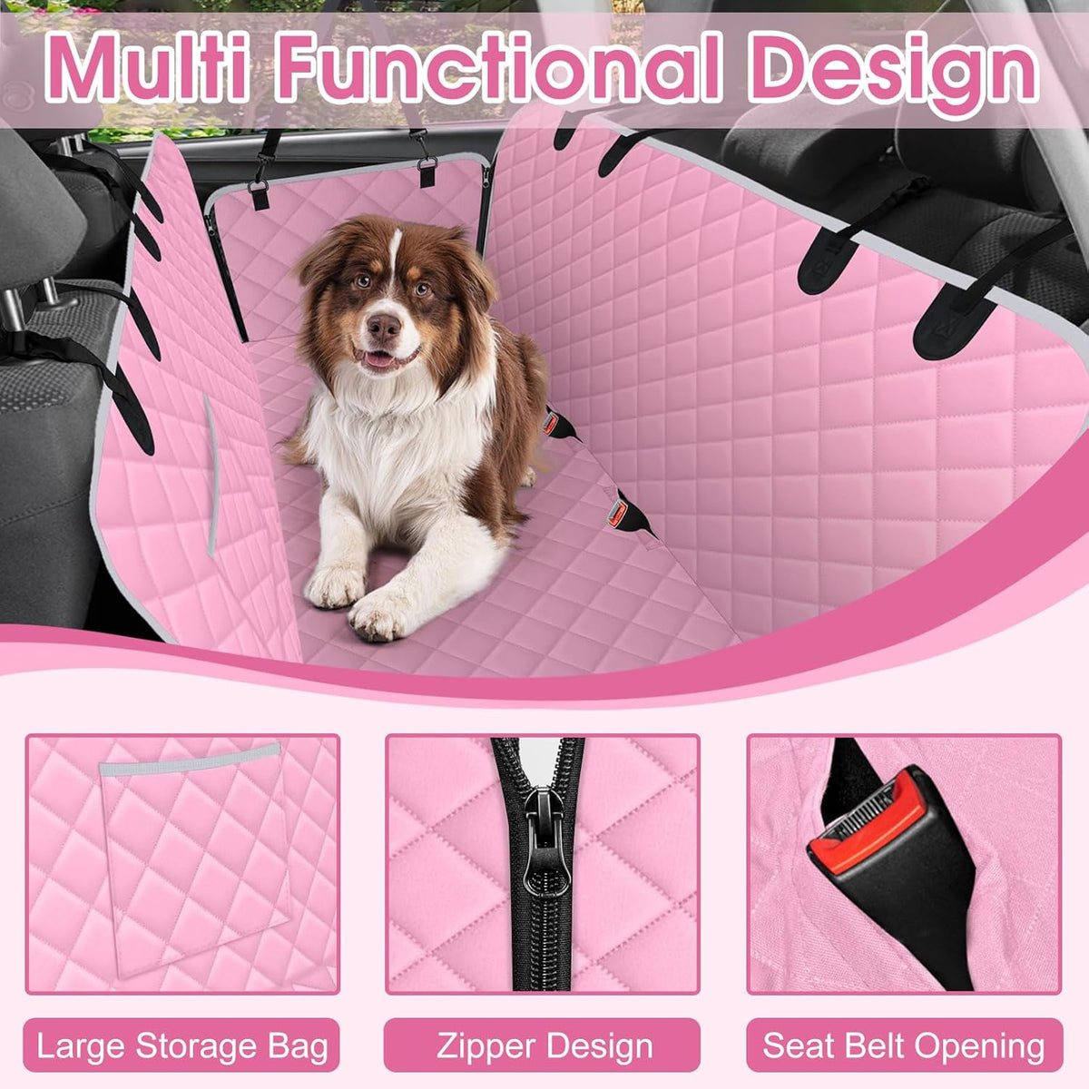 Waterproof Dog Car Seat Cover for Back Seat - Durable, Scratch Proof Pet Hammock with Nonslip Design & Storage Pockets, Fits Cars, SUVs, Trucks - S, Pink/Grey