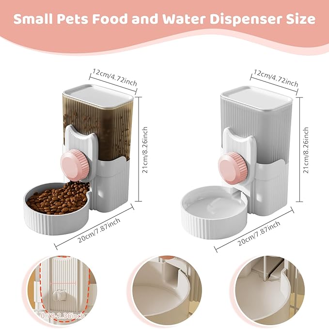 Hanging Cage Automatic Small Pet Food Bowl Water Bottle Dispenser, 1L Auto Gravity Pet Feeder and Waterer Set Kennel Feeding Station Crate Feeder Dish for Rabbit Puppy Cats Ferret (Pink)