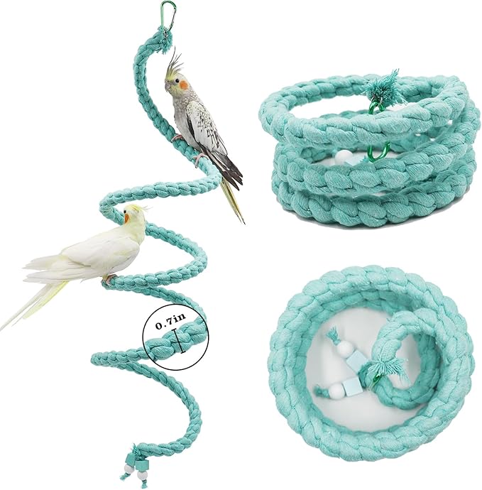 Bird Cage Accessories, Hanging Spiral Bird Rope Perch with Metal Hook, Bird Perch for Budgie, Lovebird, Parakeet, Cockatiel, Conure, Quaker, Caique, Small to Medium Birds