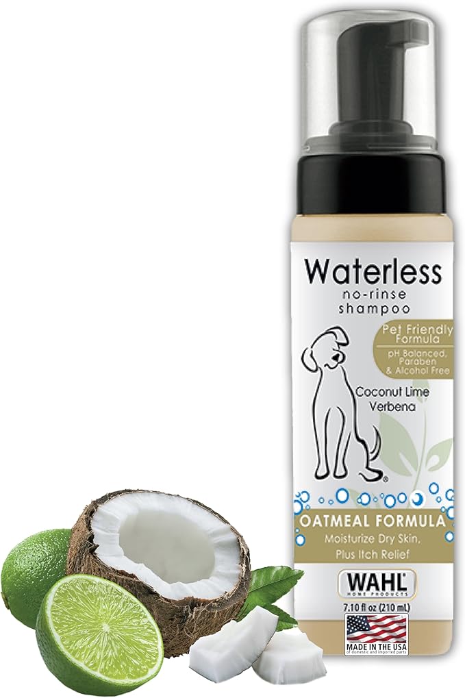 Wahl USA Pet Friendly Waterless No Rinse Shampoo for Animals - Coconut Lime Verbena Scent – Oatmeal Formula Cleans, Conditions, Detangles & Moisturizes Dogs Fur – 7.1 Oz - Model 820015A