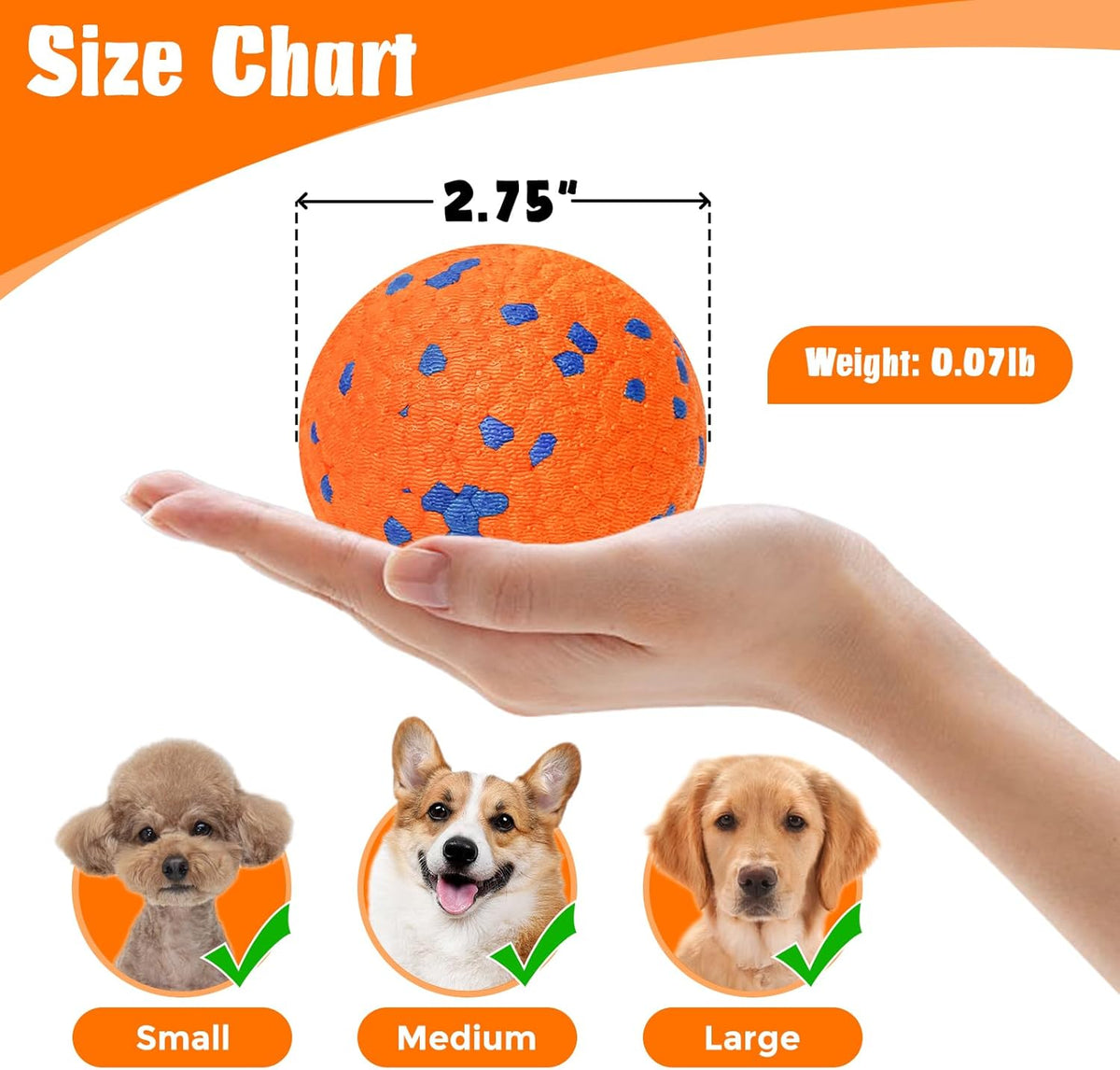 Dog Balls for Aggressive Chewers, Indestructible Bouncy Floating Balls for Training Dog Catch and Fetch, Sturdy Solid Tennis Ball Toys for Large Medium Small Dogs - 2.75in - Orang&White - 2pcs