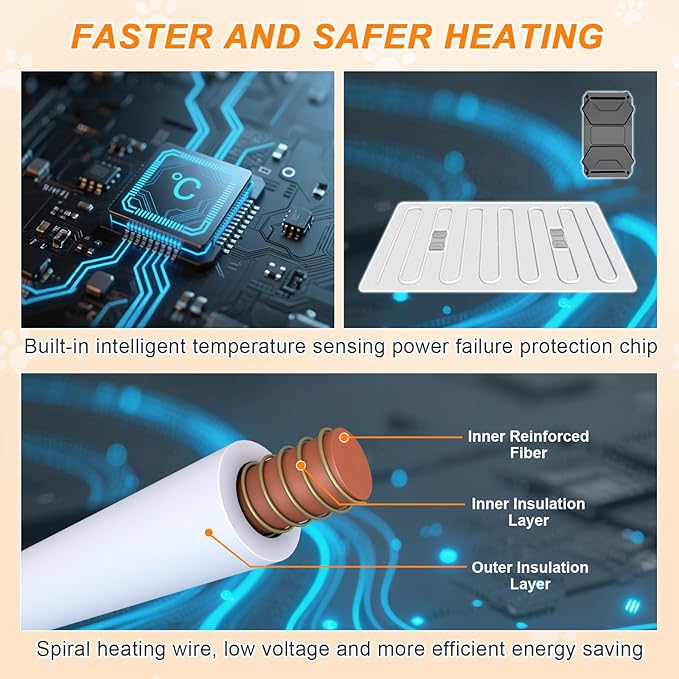 Cat Heating Pad，18×18 In Dog Heated Bed Smart Temperature Control Switch, Metal Protective Pipe Waterproof PVC Cat Beds For Indoor Cats With a Plush Cotton Cover，Heat Lamp For Puppies - Apricot