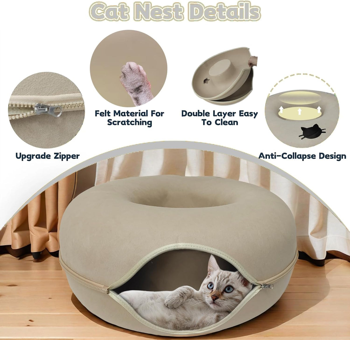 Donut Cat Tunnel Bed Peekaboo Cat Cave for Large Cats Up to 30 Lbs, Kitty Interactive Playing Tent House for Multiple Cats,Detachable,Scratch Resistant (Beige, Large - 24 Inch Diameter)