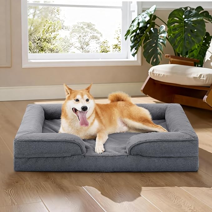 MADE 4 PETS Orthopedic Dog Bed for Large Dogs, Supportive Foam Big Large Pet Bed Sofa with Washable Removable Cover, Waterproof Dog Couch Bed, Non-Slip Bottom and Egg-Crate Foam, Grey