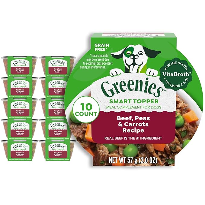 Greenies Smart Topper High Protein Wet Mix-in for Dogs, Beef, Peas & Carrots Recipe in Vitabroth Broth - Bone Broth + Vitamins E & B1, 10 Count
