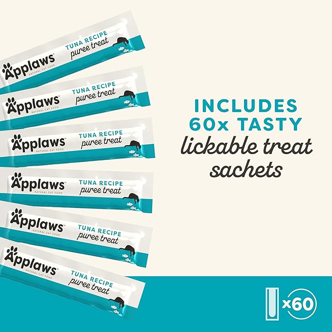 Applaws Lickable Cat Treats, Natural Grain-Free Purée, Limited Ingredient, Tuna Squeeze Up Cat Treats (60 x 0.5 oz Sachets)