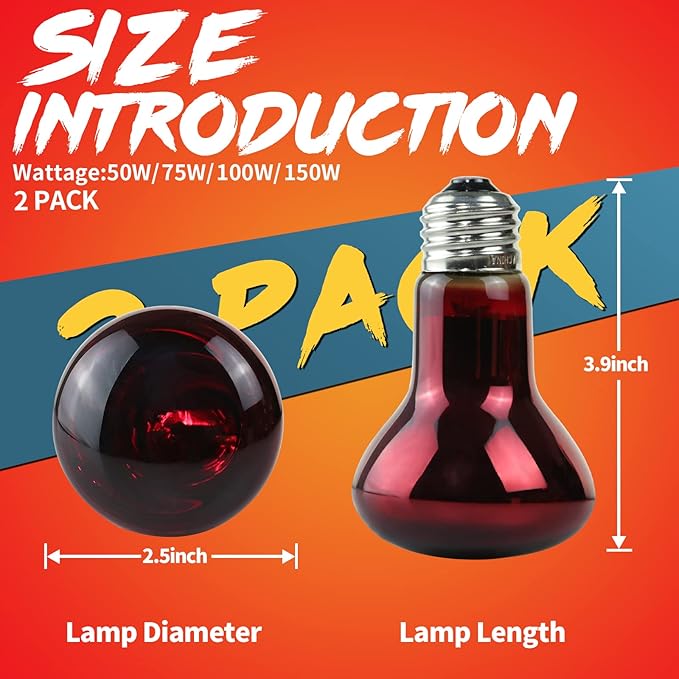 LUCKY HERP 50W Reptile Heat Lamp Bulbs 2 Pack, Reptiles & Amphibians Infrared Basking Spot Lamp, Heat Light Bulb for Turtle, Bearded Dragon, Lizard