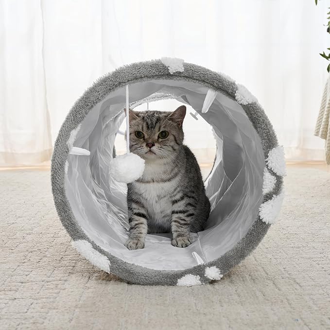 Straight Cat Tunnel for Indoor Cats 47"x12", Cute Cat Toys Collapsible Tunnel Tube with Balls for Puppy Kitten Rabbit, Grey Paw