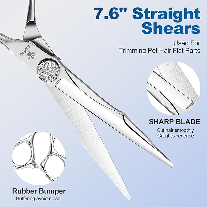 GLADOG Luxury Dog Grooming Scissors Set - 7" Straight, 6.5" Thinning, 7" Chunkers, 7" Curved - 9CR Steel, Silver Luxe, Right Hand, Plastic Handle, 4 Count