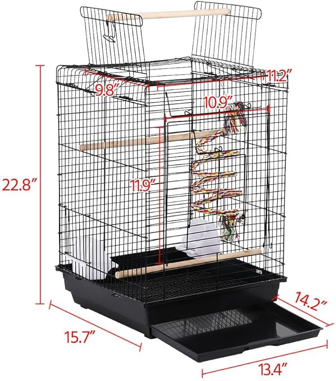 Yaheetech Open Play Top Travel Bird Cage for Conure Sun Parakeet Green Cheek Conure Lovebird Budgie Finch Canary, Small-Size Travel Portable