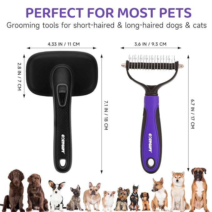 Dog Brush Kit – 3 PCS Grooming Set with Self-Cleaning Brush, Undercoat Rake & Pet Bath Brush. Great for Shedding, Tangles & Dirt Removal – Ideal for Long & Short Haired Dogs & Cats, Black