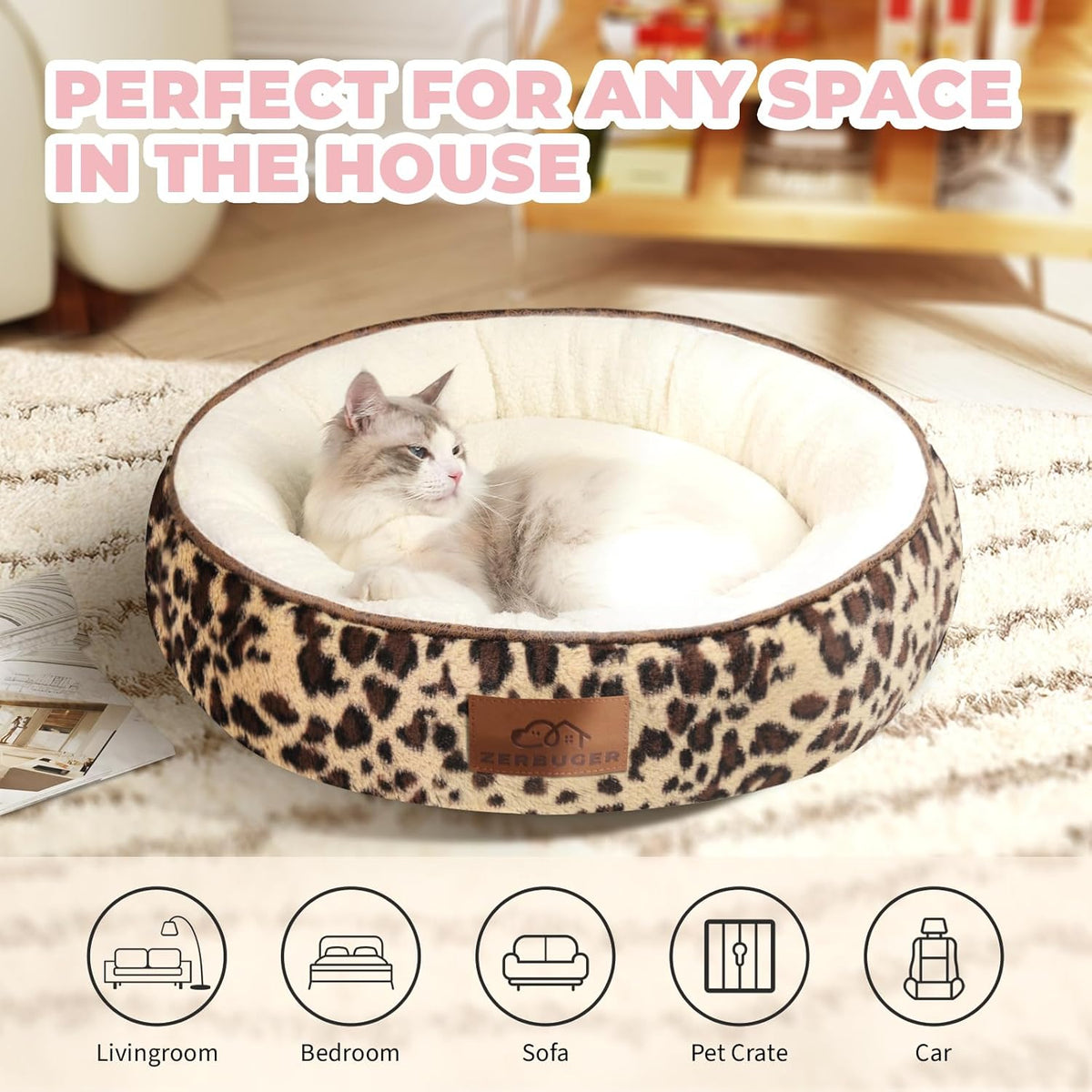 20in Leopard Round Cat Dog Bed Gift for Large Medium Small Dogs Cats, Machine Washable Sleeping Sofa, Non-Slip Bottom Breathable Soft Calming Pet Cuddler for Indoor/Outdoor/Car/Cage