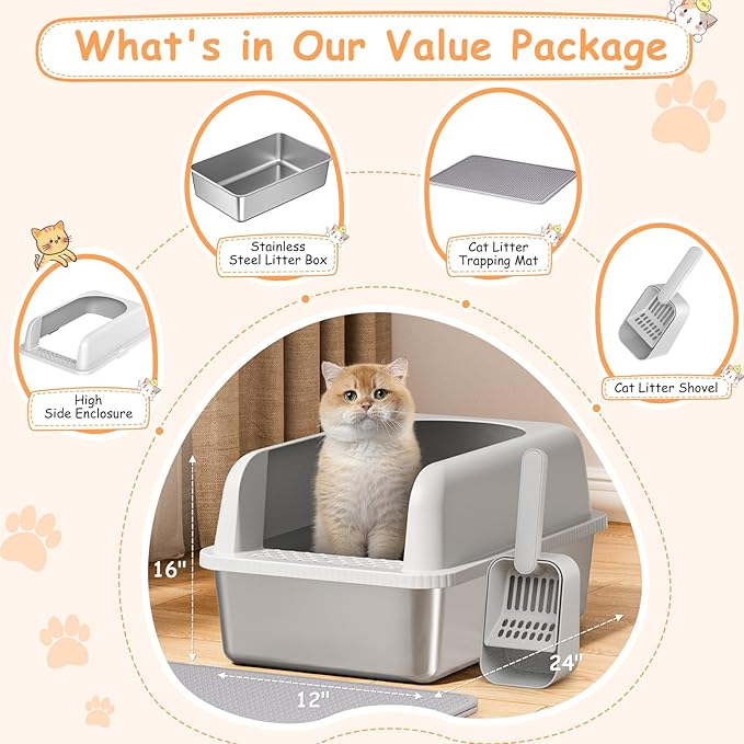 2 Pack Stainless Steel Litter Box, 24'' XL Extra Large Cat Litter Box with Lid, Metal Litter Boxes for Multiple Cats, Anti-Leakage,Non-Stick, Easy to Clean, Included Cat Litter Mat, Scoop