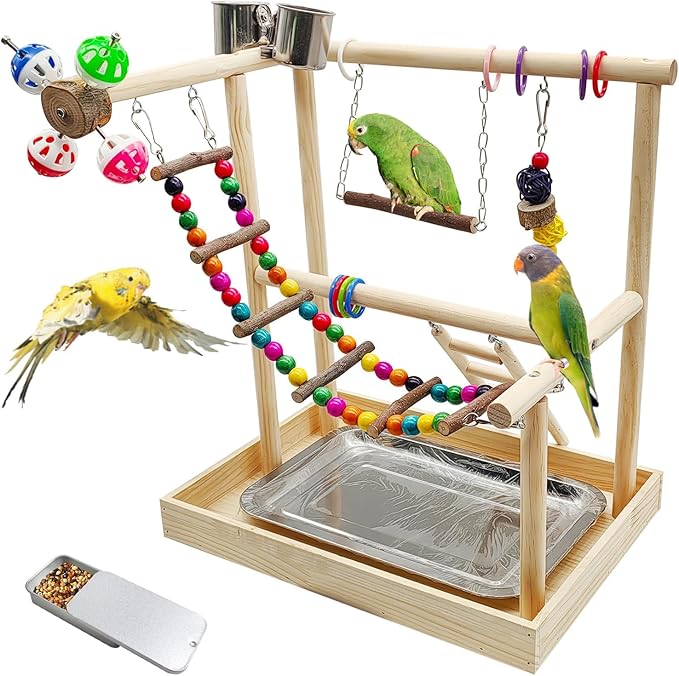 PINVNBY Bird Playground Parrot Playstand Play Gym Cockatiel Wood Bird Toys Birds Cage Accessories Playpen Ladder with Feeder Cups Hanging Swing Toys for Parakeet Conure Lovebird Cockatiel
