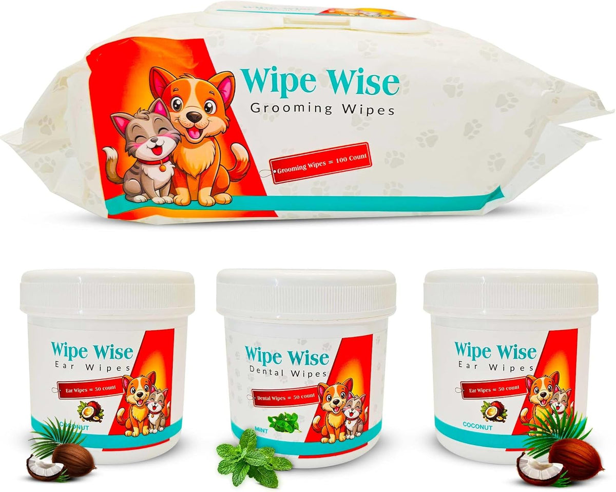 100 Pet Wipes (8x8'' Unscented) - 100 Ear Wipes (Coconut) - 50 Dental Wipes (Mint Infused) for Dogs & Cats, 250 Wipes, Alcohol-Free, Safe & Gentle- Great Value Bundle, Pet Care