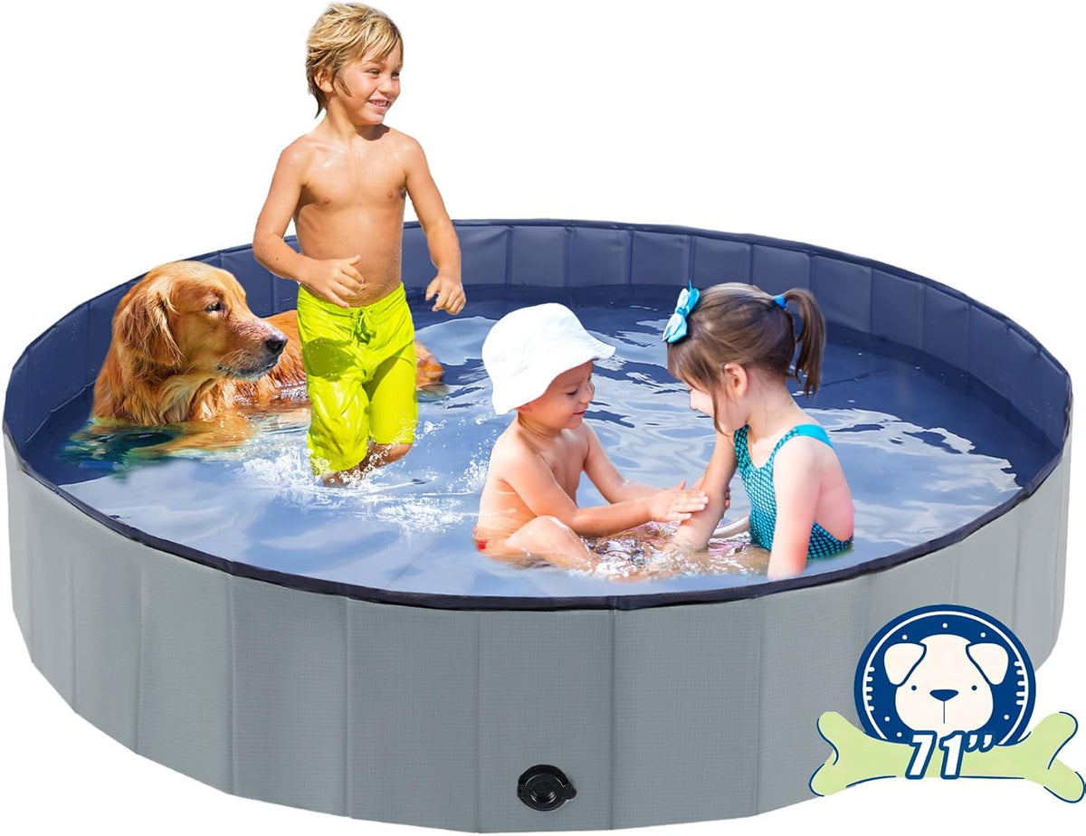 Foldable Dog Bath Swimming Pool 71'' Plastic Kiddie Pool Professional Tub Collapsible Grooming Bathtub for Pets Kids Baby and Toddler, 71 x 12 Inches Gray