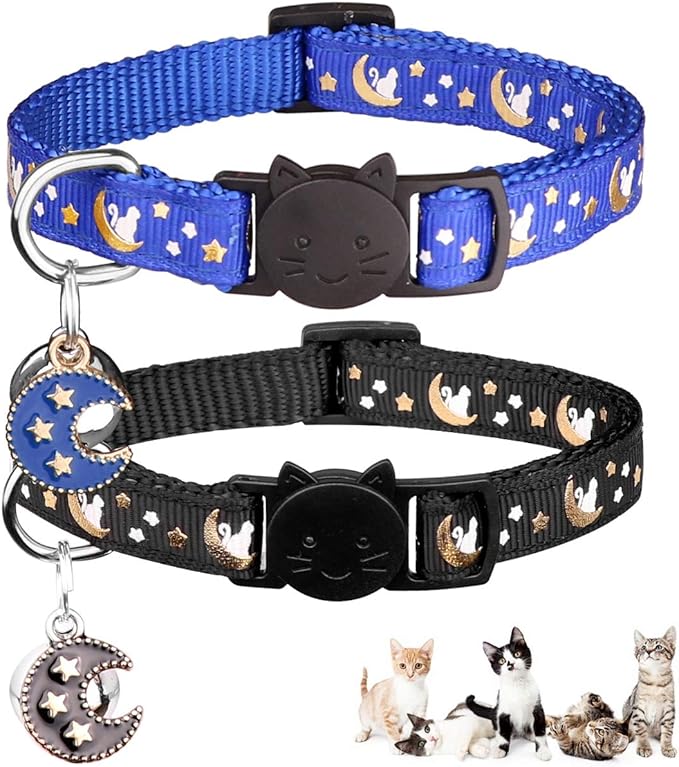 2Pcs Breakaway Cats Collars Cat Collars for Boy & Girl Cats Adjustable Kitten Collars with Bell,Black+Blue,8"-13.1"