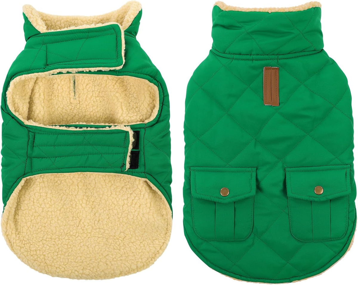 Queenmore Warm Dog Coat, Cold Weather Puffer Dog Coat Vest, Quilting Winter Pet Jacket Ultra Thick Plush Fleece Lining Pet Clothes for Dogs with Storage Pockets (Forest Green,Large)