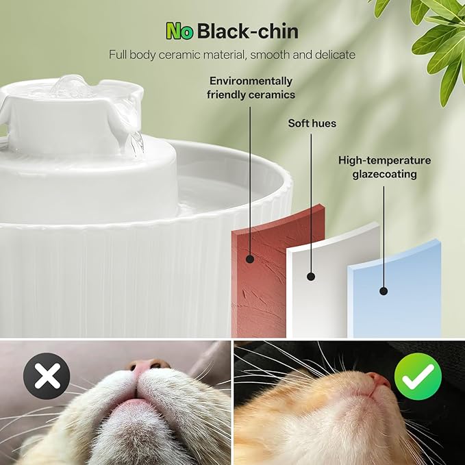 Ceramic Cat Water Fountain, 2.1L/70oz Porcelain Pet Drinking Dispenser with 4 Set Replacement Filter & Sponge, Automatic Dog Water Bowl with Ultra-Quiet Pump, Cat Feeding Watering Supplies(White)