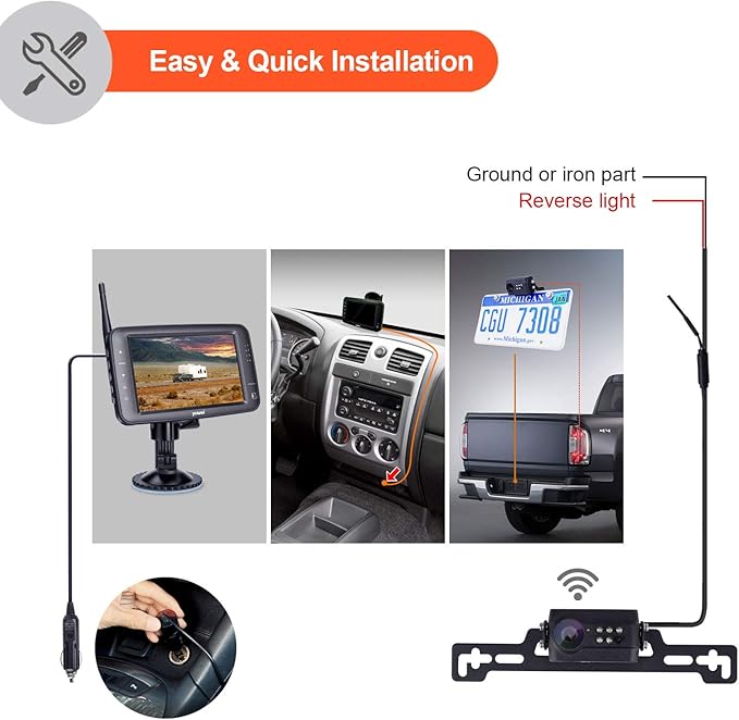 Wireless Backup Camera System, IP69 Waterproof Wireless License Plate Rear View Camera, Night Vision and 4.3 inch Wireless Monitor for Trailer, RV, Trucks, Pickup Trucks, Cargo Vans, etc