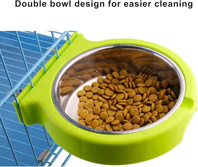 Crate Dog Bowl Removable Stainless Steel Water Food Bowls Cage Coop Cup for Cat Puppy Bird Pets (Large, Green with Corrugated Clip)