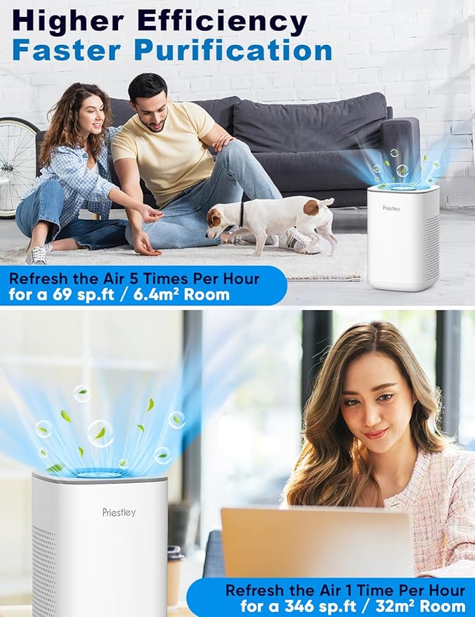 Priestley Small Air Purifiers for Home Bedroom Dorm Office Desktop, 20dB Quiet 3-in-1 HEPA Air Purifier with Essential Oil Diffuser, Air Filters Smoke, Allergies, Pet Dander, Odor, Dust