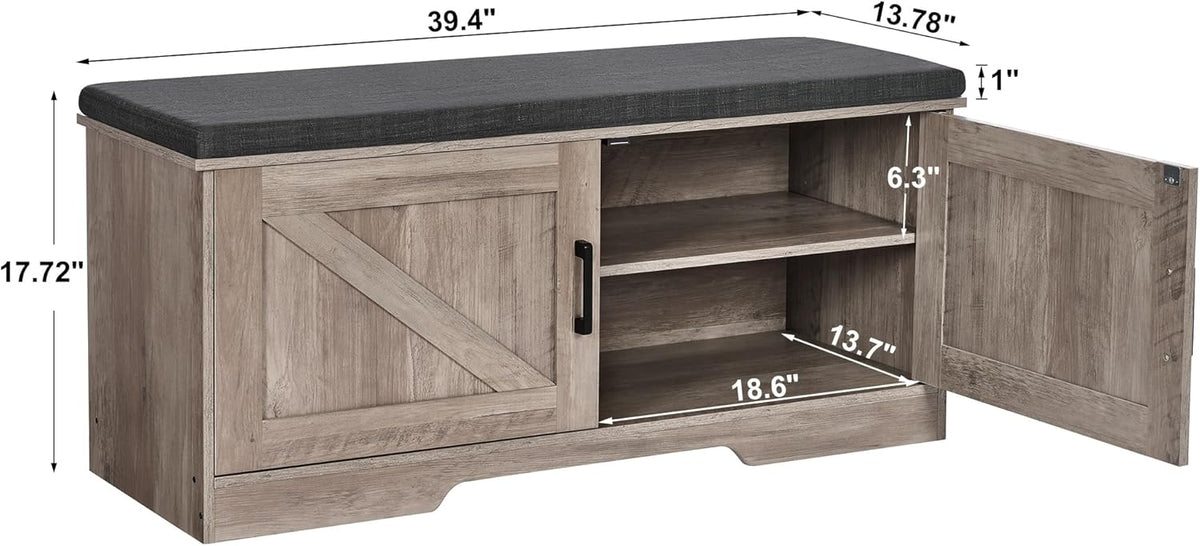 2-Tier Storage Bench, Shoe Bench with Padded Seat Cushion, Entryway Bench with 2 Barn Doors, Adjustable Shelf, 13.8" D x 39.4" W x 17.7" H, for Entryway, Living Room, Bedroom, Greige