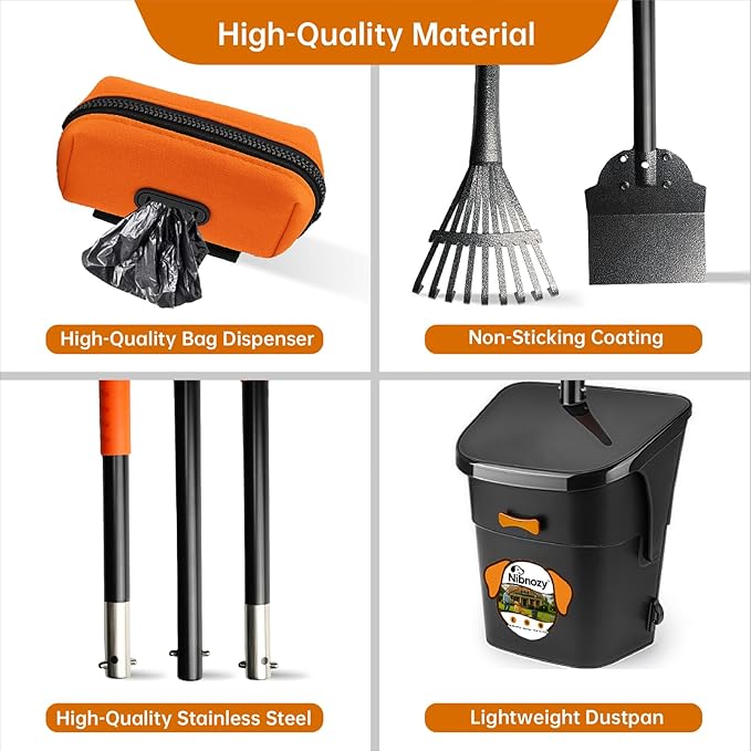 Dog Pooper Scooper with Bags & Dispenser - 37.4" Long Durable Metal Handle Swivel Bin & Rake & Spade Kit, Large Capacity Portable Pooper Scooper for Yards，Easy to Assemble