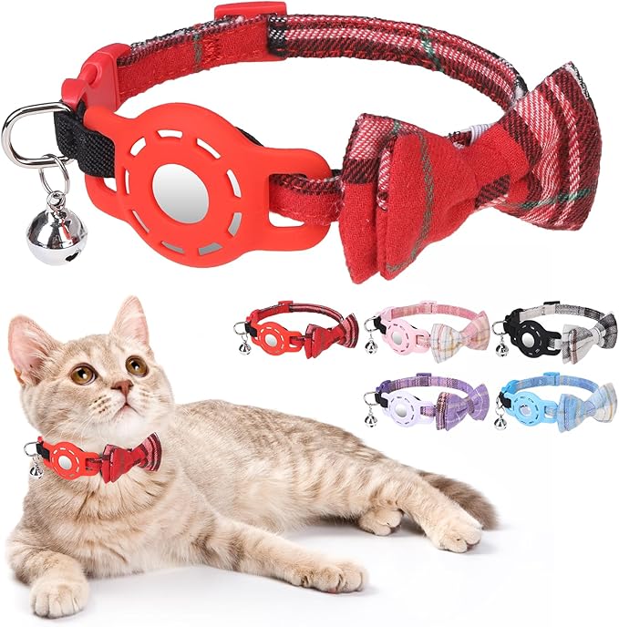 Airtag Cat Collar with Bells and Bowtie -Safety Elastic Band Kitten Collar for Apple Air Tag Holder- Cute GPS Cat Tracker Collars for Girl Boy Cats and Puppies, Adjustable 8"-12" Red
