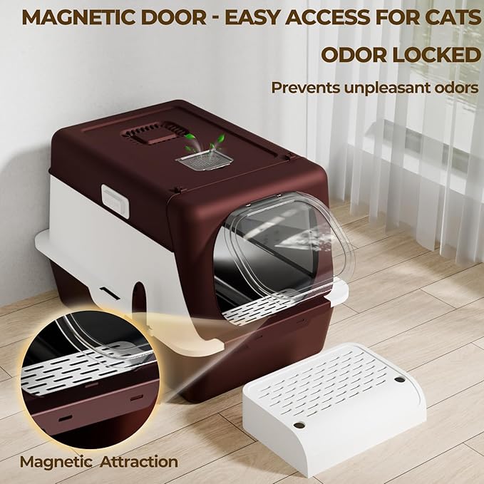 XX-Large Stainless Steel Cat Litter Box with Lid – Fully Enclosed Large Litter Box for Big Cats, Odor Control with Magnetic Door, Easy Clean, Multi-Cat Durable Metal Pan (Burgundy)
