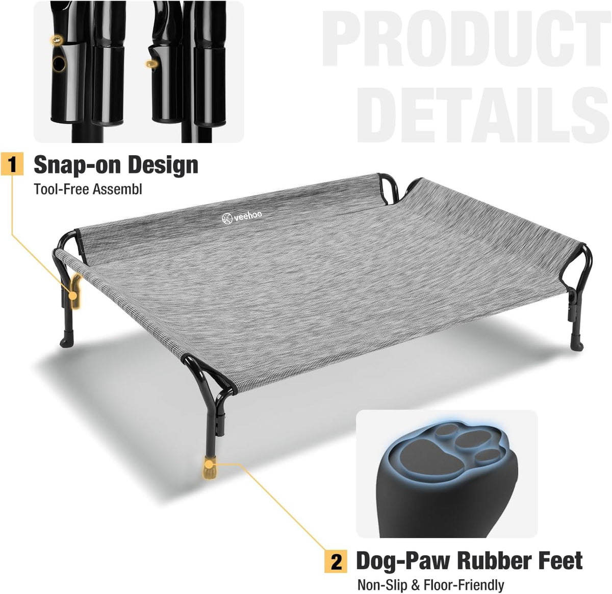 Veehoo Cooling Elevated Dog Bed, Dog Cots for Large Dogs, Raised Dog Bed with Guardrail & Slope Headrest, Durable & Breathable Teslin Mesh, Dog Sofa Bed for Indoor & Outdoor, Large, Black Silver