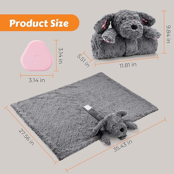 Heartbeat Toy Heartbeat Blanket for Dog Anxiety Relief, Heartbeat Stuffed Animal for Puppy Calming Aid Behavioral Aid, Dog Comfort Toy for Sleep Aid Cuddle, Grey