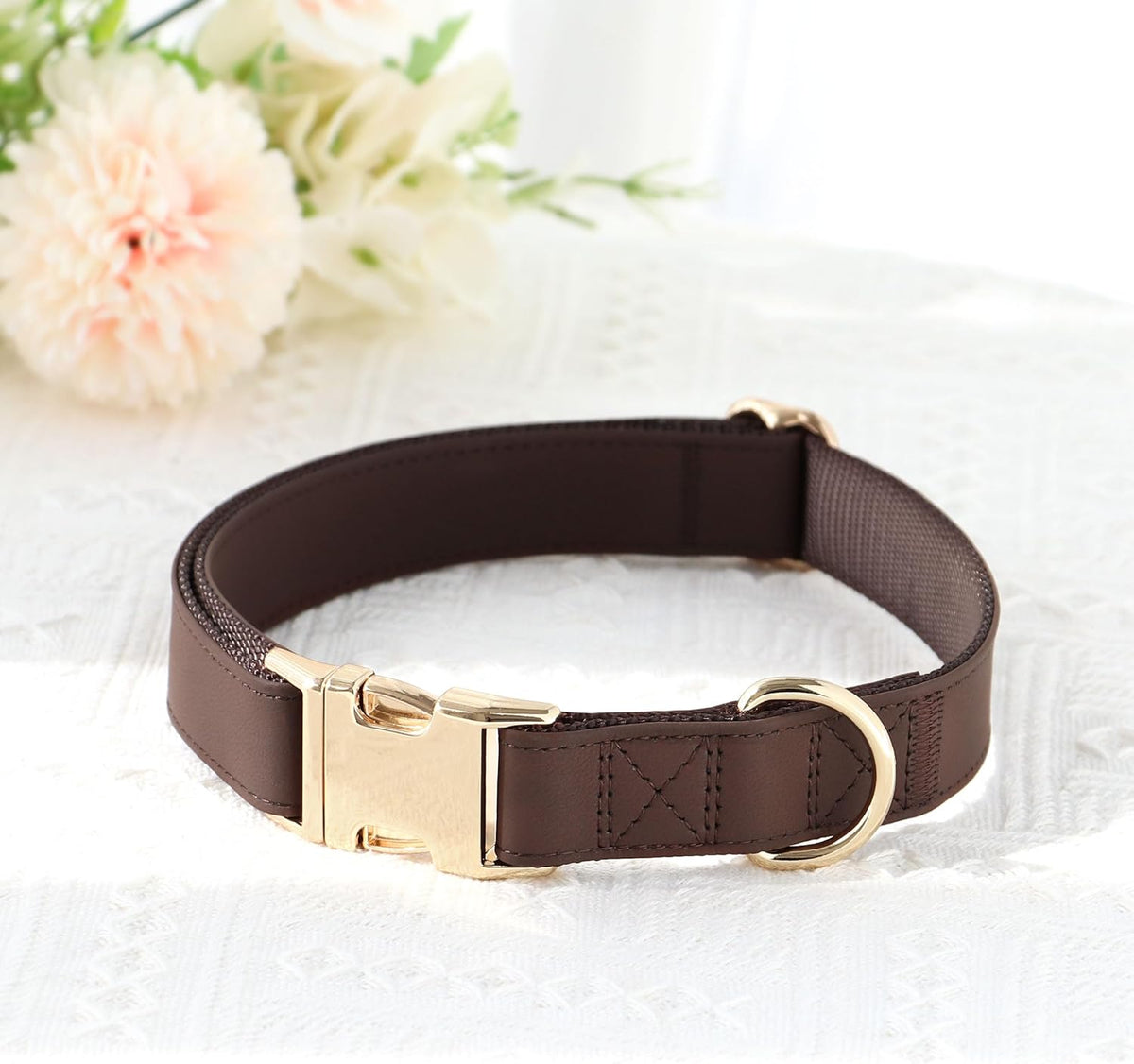 PET ARTIST PU Leather Dog Collar, Bright & Stylish Brown Dog Collar with Quick Release Gold Metal Buckle, Soft Nylon Padded Durable Pet Collars Adjustable for Medium Dogs, Neck Fit 13-19"