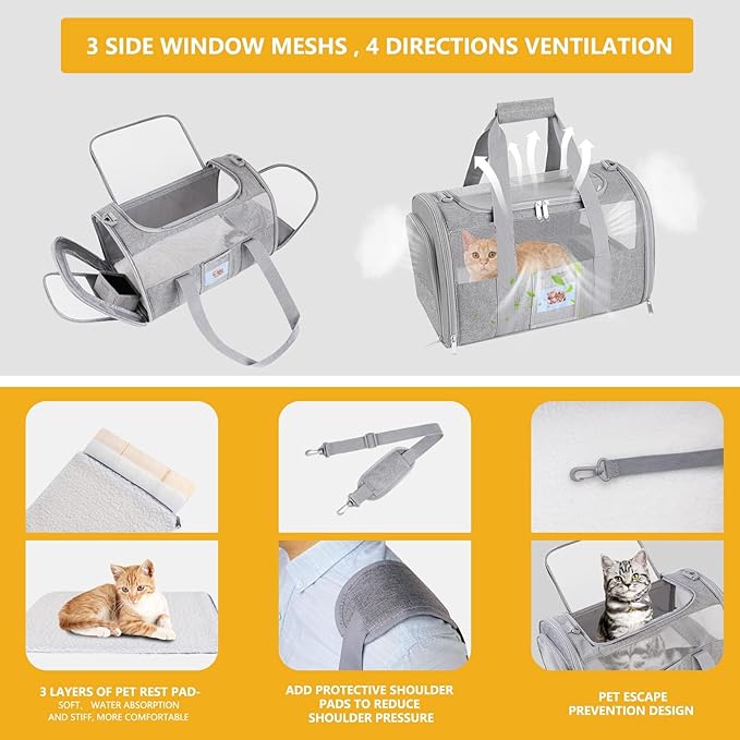 Pet Carrier Soft Side Cat Carrier Collapsible Travel Puppy Carrier Bag TSA Airline Approved Kitten Carrier Bag for 15 lbs Small Pets (Gray)
