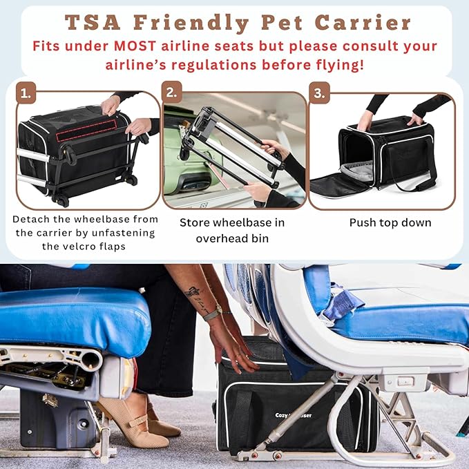 Airline Approved Top-Expanding Pet Carrier on Wheels- Extra Spacious Soft Lined Carrier! 18x11x11 (Grey, Expanding Sides)