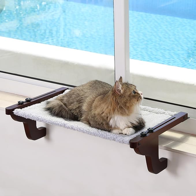 Easy Seat Cat Perch for Window Sill - Hammock Design w/Premium Wood & Robust Metal Frame - Cat Window Seat for Large Cats and Kittens (Dark Stained Wood w/Gray Bed, Medium (23''W x 14''D))