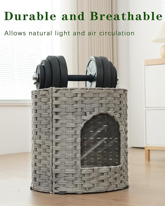 Cat House for Indoor Cat, Large Double Cat Houses Cat Bed Cave, Handwoven Rattan Pet Beds with One Soft Pad, 17 x 17 x 17 Inches Foldable Kitten Hideaway in Living Room Gray