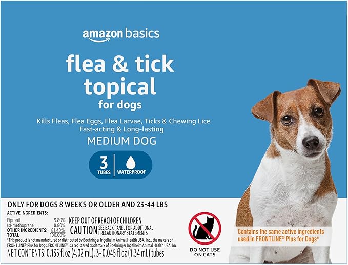 Amazon Basics Flea and Tick Topical Treatment for Medium Dogs (23-44 Pounds), 3 Count (Previously Solimo)