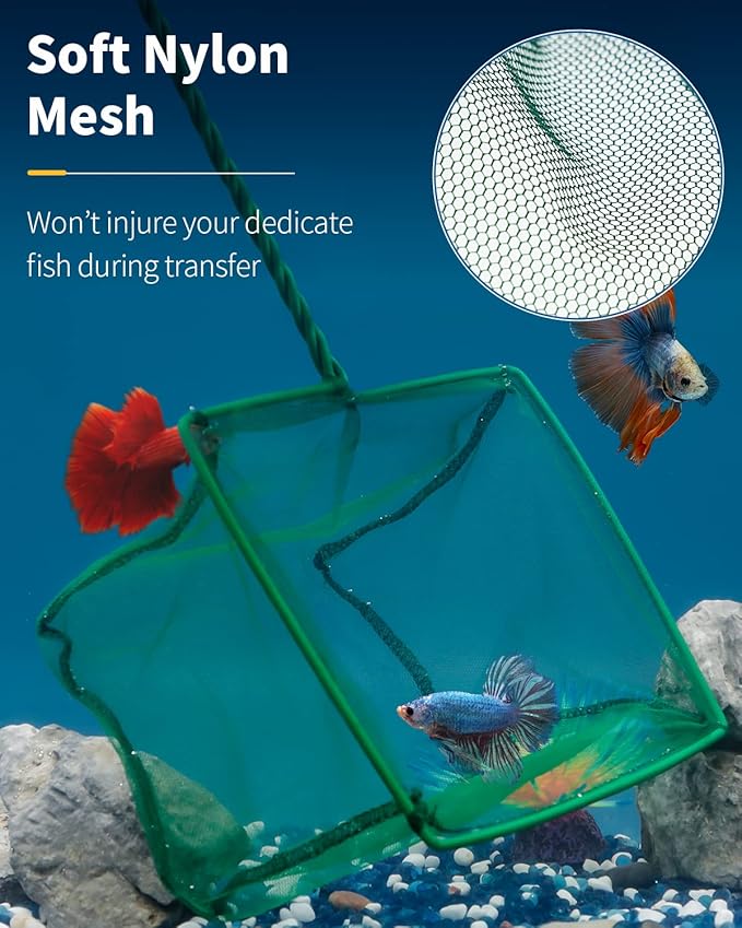 Pawfly Aquarium Fish Net with Braided Metal Handle Square Net with Soft Fine Mesh Sludge Food Residue Wastes Skimming Cleaning Net for Fish Tanks Small Koi Ponds and Pools