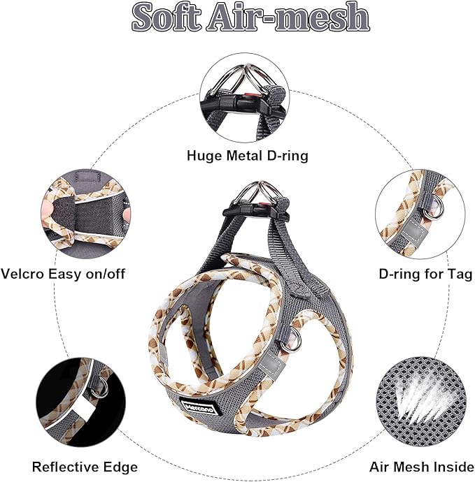 Mercano Soft Mesh Dog Harness and Leash Set, No-Chock Step-in Reflective Breathable Lightweight Easy Walk Vest Harnesses with Safety Buckle for Small Dogs, Cats (Grey, L)