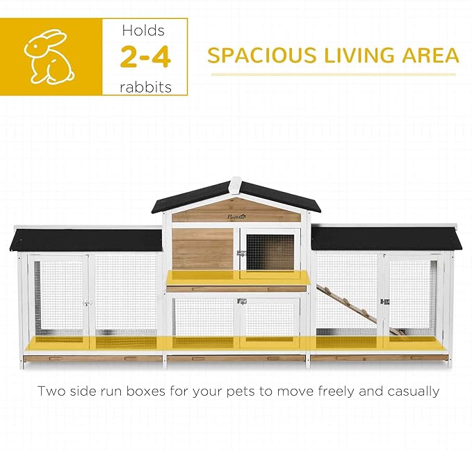 PawHut 90.5" Wooden Rabbit Hutch Bunny Cage Pet Playpen House Enclosure with Double Side Run Boxes, No Leak Tray, Ramp, for Rabbits, Chickens, Ducks, Guinea Pig and Small Animals, White