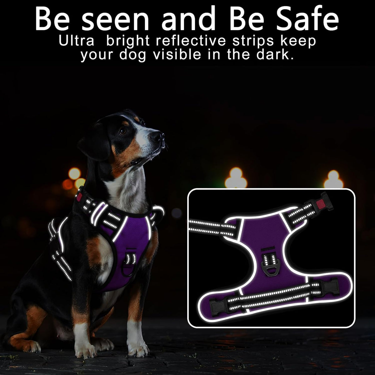 Timos Dog Harness Large Sized, No Pull with Neck Lockable Snap,No Choke Front Clip Dog Reflective Harness,Adjustable Metal Rings 3 Buckles,Easy Control Handle for Large Dogs Purple XL