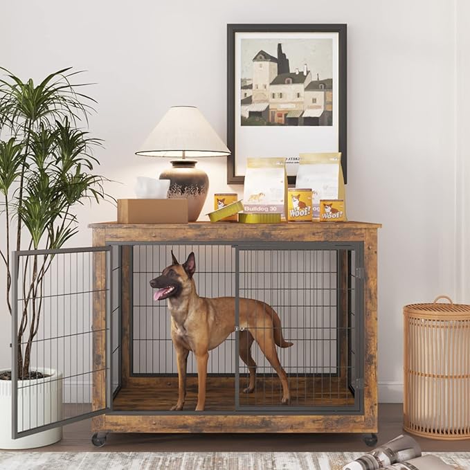 IchbinGo Dog Crate Furniture, Wooden Dog Crate Table, 43.7" Dog Kennel with 3 Doors, Flip-up Top Opening and Wheels, Decorative Pet Crate House for Large/Medium/Small Dog Indoor Use (Rustic Brown)