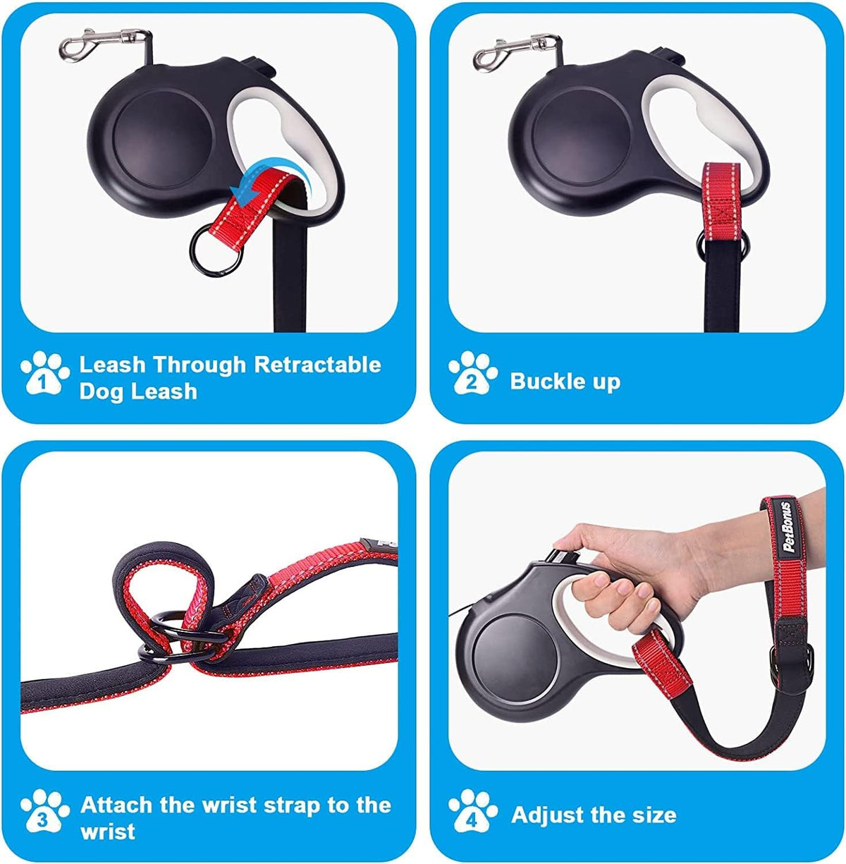 PetBonus 2 Packs Short Dog Leash, Safety Wrist Strap for Retractable Dog Leash, Reflective Design and Adjustable Soft Padded Handle, Extra Layer Security for Pet Stroller (Red, Red)