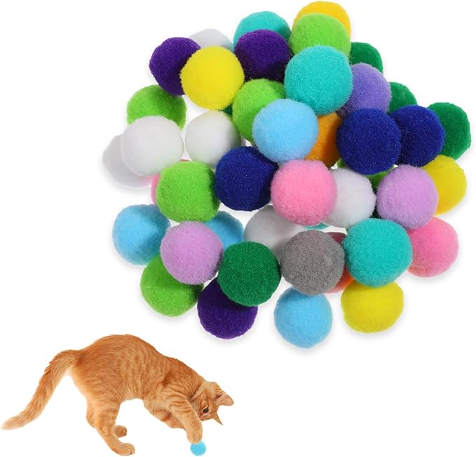 50 Picecs 1 Inch Cat Toys Balls Kitten Cat Pom Pom Balls Soft Cats Puff Ball Toys Rolling Interactive Fuzzy Cats Toy Ball Play Toy for Exercise, Creative Crafts Decorations Assorted Color