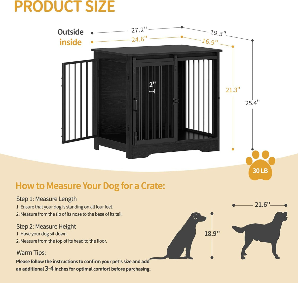 27.2" Dog Crate Furniture with Barn Door, Heavy Duty Dog Kennel Indoor with 2 Doors, Wooden Pet Cage End Table for Small Medium Dogs up to 22 lb, Anti-Chew Anti-Escape, Black DFC84304B