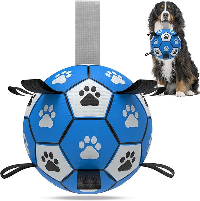 QDAN Extra Large Dog Toys Soccer Ball - Durable Dog Balls for Extra Large Dogs with Straps, Outdoor Dog Toys, Dog Water Toy, Herding Ball (9 Inch)