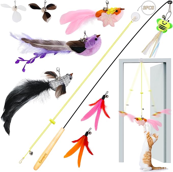 Flying Bird Cat Toy,8Pcs Durable Interactive Cats Wand Replacements,Hanging Cat Toy Suitable for Bored Indoor Cats Self Play