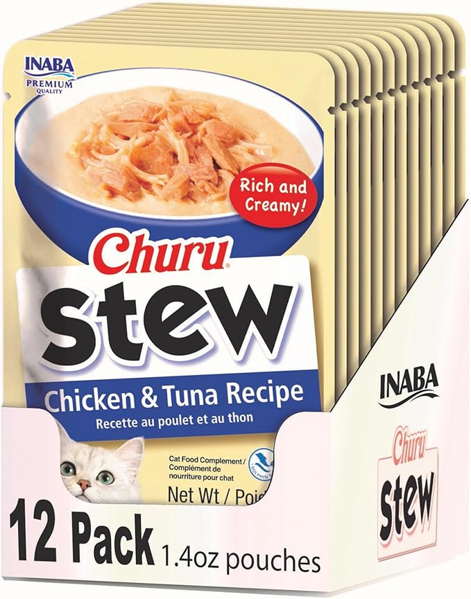 INABA Churu Stew for Cats, Side Dish Pouch with Vitamin E, 1.4 Ounces per Pouch, 12 Pouches, Chicken & Tuna Recipe