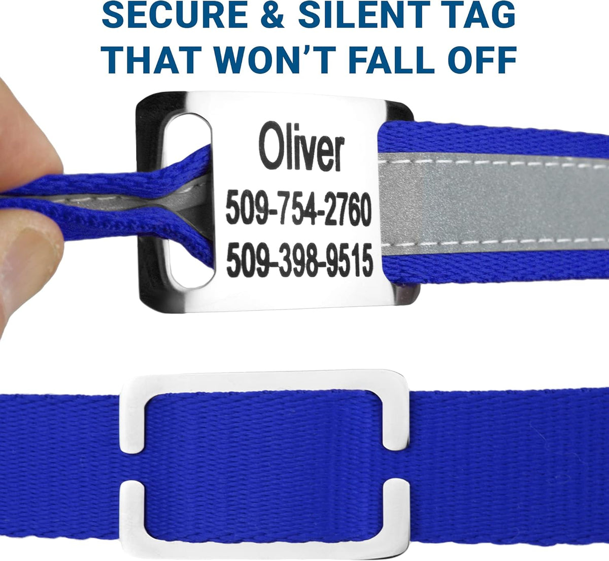 GoTags Reflective Personalized Dog Collar with Nameplate, Adjustable Dog Collar with Custom Engraved Steel Slide On Pet ID Tag, Silent, No Noise Dog Tag for Large Medium or Small (Blue, Medium)